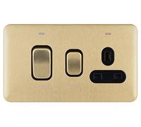 Schneider Electric Lisse - Unidad de control de cocina con interruptor sin tornillos con toma de corriente única, doble polo, indicador de neón, 45 A, GGBL4001BSB, latón satinado con inserto negro