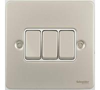 Schneider Electric Placa plana Ultimate - Interruptor de luz de 2 vías con eje basculante de 3 bandas, solo polo, 10AX, GU1232WPN, níquel perla con inserto blanco