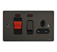 Schneider Electric Ultimate Flat Plate - Unidad de control de cocina conmutada con toma de corriente única de 13 A, doble polo, indicador de neón, 45 A, GU4201BBN, níquel negro con inserto negro