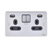 Schneider Electric Ultimate Low Profile - Toma de corriente doble conmutada, 13A con 2 puertos de carga USB 4A, GGBGU3524DBBC, cromo cepillado con inserto negro