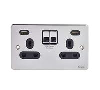 Schneider Electric Ultimate Low Profile - Toma de corriente doble conmutada, 13A, con puertos de carga USB, GGBGU3524DBPC, cromo pulido con inserto negro