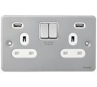 Schneider Electric Ultimate Low Profile - Toma de corriente doble conmutada, doble polo, 13A, con puertos de carga USB, GGBGU3524DWBC, cromo cepillado con inserto blanco