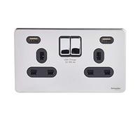 Schneider Electric Ultimate Placa plana sin tornillos, doble toma de corriente conmutada, con puertos de carga USB, 13A, GGBGU3424DBPC, cromo pulido con inserto negro