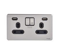Schneider Electric Ultimate Placa plana sin tornillos, doble toma de corriente conmutada, con puertos de carga USB, 13A, GGBGU3424DBSS, acero inoxidable con inserto negro