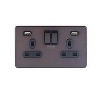 Schneider Electric Ultimate Placa plana sin tornillos - Doble toma de corriente conmutada, con puertos de carga USB, 13A, GGBGU34202USBBDBP, bronce oscuro con inserto negro