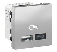 Schneider Electric - Unica - Cargador USB doble - 5 Vcc - 2,4 A tipo A+C - 2 módulos - aluminio - Meca sola - NU301830