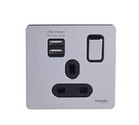 Schneider Electric, USB Sockets 13A 1 Gang DP Switched with 2 x Ports 2.1A Shared USB, Cromo pulido con interior negro., 1