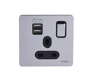 Schneider Electric, USB Sockets 13A 1 Gang DP Switched with 2 x Ports 2.1A Shared USB, Cromo pulido con interior negro., 1