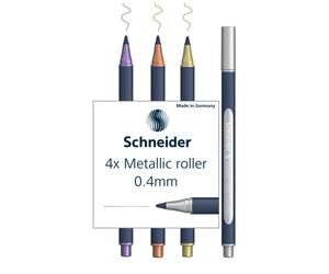 Schneider ML05011501 - Juego de 4 bolígrafos metálicos, grosor de trazo de 0,4 mm, tinta metálica alta, carcasa de plástico de base biológica del 88%, colores surtidos, oro, plata, cobre, violeta