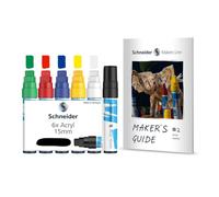Schneider Paint-It - Lápices acrílicos (1, 15 mm de ancho de trazo, pinturas acrílicas altamente opacas para madera, lienzo, piedra, etc.), 6 unidades, incluye guía de fabricante