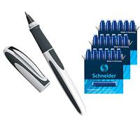 Schneider Ray - Bolígrafo de punta redonda (recargable con cartuchos de tinta estándar, apto para diestros y zurdos) (1 unidad + 18 cartuchos extra), color blanco y gris oscuro