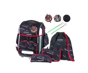 Schneiders 78395-080 - Mochila escolar Ergolite Dragon Hero, set de 9 piezas con mochila escolar, estuche, carpeta, bolsa de deporte, 3 motivos de parches y 2 barritas luminosas