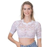 Schöneberger Trachten Couture Blusa tirolesa para mujer, cuello alto, encaje transparente, color blanco, Blanco, 34