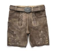 Schöneberger Trachten Couture Pantalones cortos de piel para hombre con cinturón tradicional, pantalones antiguos para Oktoberfest de piel nobuck original de Wiesnbock, Marrón/Antiguo, 50