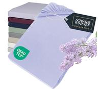 SCHÖNER WOHNEN Sábana bajera ajustable de 140 x 200 cm, color lila hasta 160 x 200 cm, de algodón de jersey con certificado Öko-Tex, para colchones de hasta 30 cm de altura y cama con somier, sábana