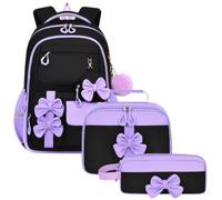 School Backpack for Girls, 3Pcs Cute Backpack with Lunch Box Pencil Case, Cute Bow Decor Girls’ Bookbag for Primary Elementary & Middle School Students Teen, Waterproof Lightweight (Black-Purple)