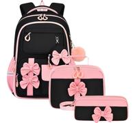 School Backpack for Girls, 3Pcs Cute Backpack with Lunch Box Pencil Case, Cute Bow Decor Girls’ Bookbag for Primary Elementary & Middle School Students Teen, Waterproof Lightweight (Black-Pink)