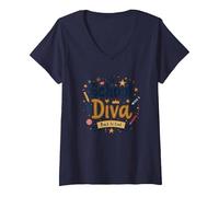 School Diva Back to Cool Girls Student Queen Starry Lápices Camiseta Cuello V, Mujer, Azul Marino, M