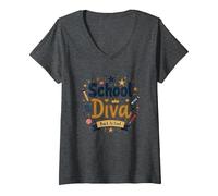 School Diva Back to Cool Girls Student Queen Starry Lápices Camiseta Cuello V, Mujer, Jaspeado Oscuro, XL