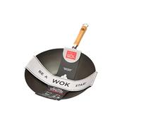 School of Wok - Wok de fondo plano de acero al carbono pre-sazonado de 30 cm con mango de bambú