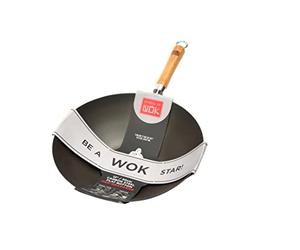 School of Wok - Wok de fondo plano de acero al carbono pre-sazonado de 30 cm con mango de bambú
