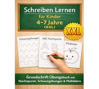 Schreiben Lernen für Kinder 4-7 Jahre (XXL): Grundschrift Übungsbuch mit Nachspuren, Schwungübungen & Malbildern