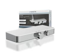 Schütte 60535 Ocean set mezclador termostático para ducha, grifo mezclador antiquemaduras a 38 grados, mezclador monomando para ducha con repisa de cristal de seguridad, blanco