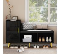 Schuhbank Schwarz Hochglanz gepolstert Stauraum Sitzbank, 1 Tür, 2 Fächer, bis 100 kg, Flur/Eingang/Wohnzimmer/Schlafzimmer negro