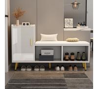 Schuhbank Schwarz Hochglanz gepolstert Stauraum Sitzbank, 1 Tür, 2 Fächer, bis 100 kg, Flur/Eingang/Wohnzimmer/Schlafzimmer blanco