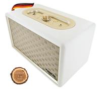 SCHWAIGER -661712- Altavoz Bluetooth | 24 W | Diseño Retro | inalámbrico | portátil | batería de 2200 mAh | Recargable | Carcasa de Madera | Aspecto de Cuero | Blanco