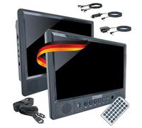 SCHWAIGER 716474 Reproductor DVD portátil 2 Pantallas Reproductor de vídeo portátil Batería Mando a Distancia Ranura SD Conexión USB Soporte para Coche Incl. Material de Montaje