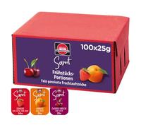 Schwartau Terciopelo de porciones mixtas, mermelada (50 x fresas, 25 x albaricoque, 25 x cerezas de dos tipos), paquete grande, 100 x 25 g