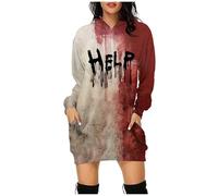 Schwarzes Kleid Elegant Lange lustige Brief Druck Hoodie Tasche Pullover Kleid Damen Kleid Glitzer (Brick Red, S)