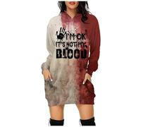 Schwarzes Kleid Elegant Lange lustige Brief Druck Hoodie Tasche Pullover Kleid Damen Kleid Glitzer (Red, XXL)