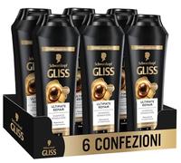 Schwarzkopf Gliss Ultimate Repair Repair Champú, 6 paquetes de 250 ml, champú con queratina líquida y extracto de perlas negras, tratamiento con queratina para cabello dañado y seco