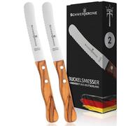 Schwertkrone Juego de 2 cuchillos con filo ondulado y madera de olivo, cuchillo de desayuno de montaña, fabricado en Alemania, cuchillo para pan
