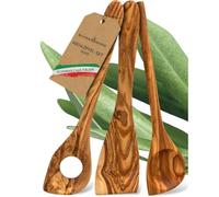 SCHWERTKRONE® Juego de 3 cucharas de madera de olivo italiana, utensilios de cocina de madera, incluye cuchara redonda, espátula y cuchara para espaguetis con agujero, duraderas y elegantes