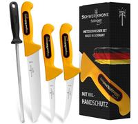 Schwertkrone -Juego de 3 cuchillas carnicero y acero para afilar, acero inoxidable - fabricacion Solingen Alemania - corte preciso y ergonomia