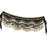 Sciarpa per Danza del Ventre con 248 Monete d'Argento, Cintura in Chiffon con Frange per Performance Rave Costume Trajes de Baile(Black Gold)