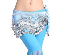 Sciarpa per Danza del Ventre con 248 Monete d'Argento, Cintura in Chiffon con Frange per Performance Rave Costume Trajes de Baile(Light Blue)