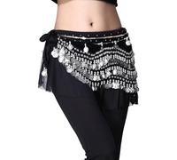 Sciarpa per Danza del Ventre con 248 Monete d'Argento, Cintura in Chiffon con Frange per Performance Rave Costume Trajes de Baile(Noir)