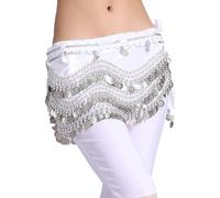Sciarpa per Danza del Ventre con 248 Monete d'Argento, Cintura in Chiffon con Frange per Performance Rave Costume Trajes de Baile(Weiß)