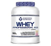 Scientiffic Nutrition - Whey Professional 2.0 Proteinas Whey en Polvo 100% Pura, para Aumentar la Masa Muscular, con Enzimas Digestivas y Lactasa - 908g, Sabor Fresa - Chocolate Blanco.