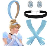 Scinzene 4 piezas de disfraz de princesa para mujer y niña, corona de princesa, accesorios para el pelo, guantes azules, disfraz de Cenicienta, vestido de Cenicienta para mujer