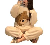 SCLDX Conjunto de Pijama de Dos Piezas para Mujer, Franela de Invierno, Jersey de Manga Larga, Ropa de Dormir Cálida, Oso Lindo, Lana Coral, XXL