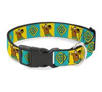 Scooby Doo Collar para mascotas, collar de perro, hebilla de plástico, bloques de pose y placa de perro Scooby Doo amarillo azul, 13 a 17 pulgadas, 1.5 pulgadas de ancho