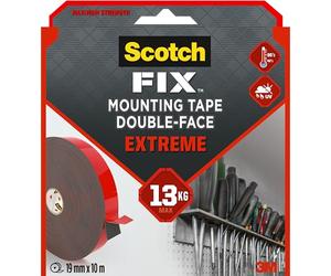 Scotch-Fix Cinta Adhesiva de Doble Cara Extreme - 1 Rollo, 19 mm x 10 m - Para uso en Interiores y Exteriores - Cinta Ultraresistente - Hasta 13 kg