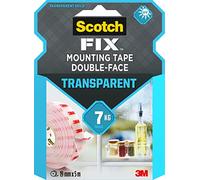 Scotch-Fix cinta adhesiva de doble cara transparente, 19 mm x 5 m - Cinta de montaje permanente para usar en interiores, en vidrio, azulejos, acrílico y metal