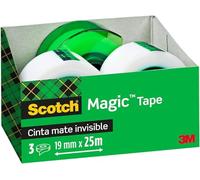Scotch Magic Cinta Adhesiva Invisible, 3 rollos de 19 mm x 25 m + 1 Dispensador Portátil Gratis - Cinta Adhesiva de Uso General para Reparación, Etiquetado y Sellado de Paquetes y Documentos