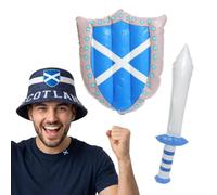 Scotland Fan Kit World Cup 2026, sombrero reversible de pescador, espada inflable de 62 cm y escudo de 45 x 32 cm, paquete de partidario del ejército de tartán unisex para adultos, noche de quemaduras
